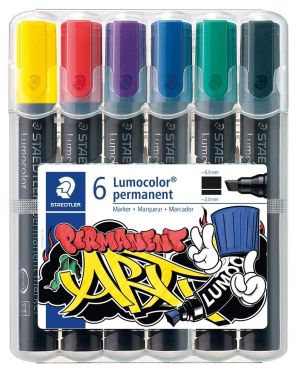 Staedtler Комплект перманентни маркери Lumocolor скосени 350, 6 цвята в кутия 